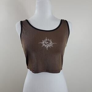 Romwe Tank Top Women M Brown‎ Cropped Sun Moon Celestial Hippy Boho Festival